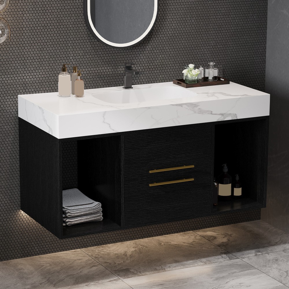 39.4" Floating Bathroom Vanity w/ Ceramic Sink, 2 Drawers & Storage, Modern