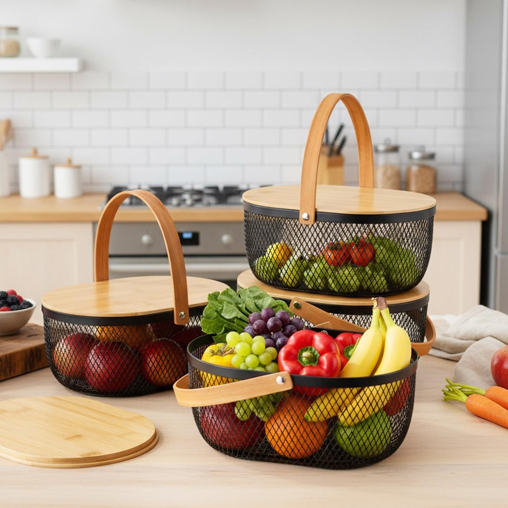 4 Pcs Stackable Metal Mesh Fruit Basket with Lid Oval Wire Mesh Storage Baske...