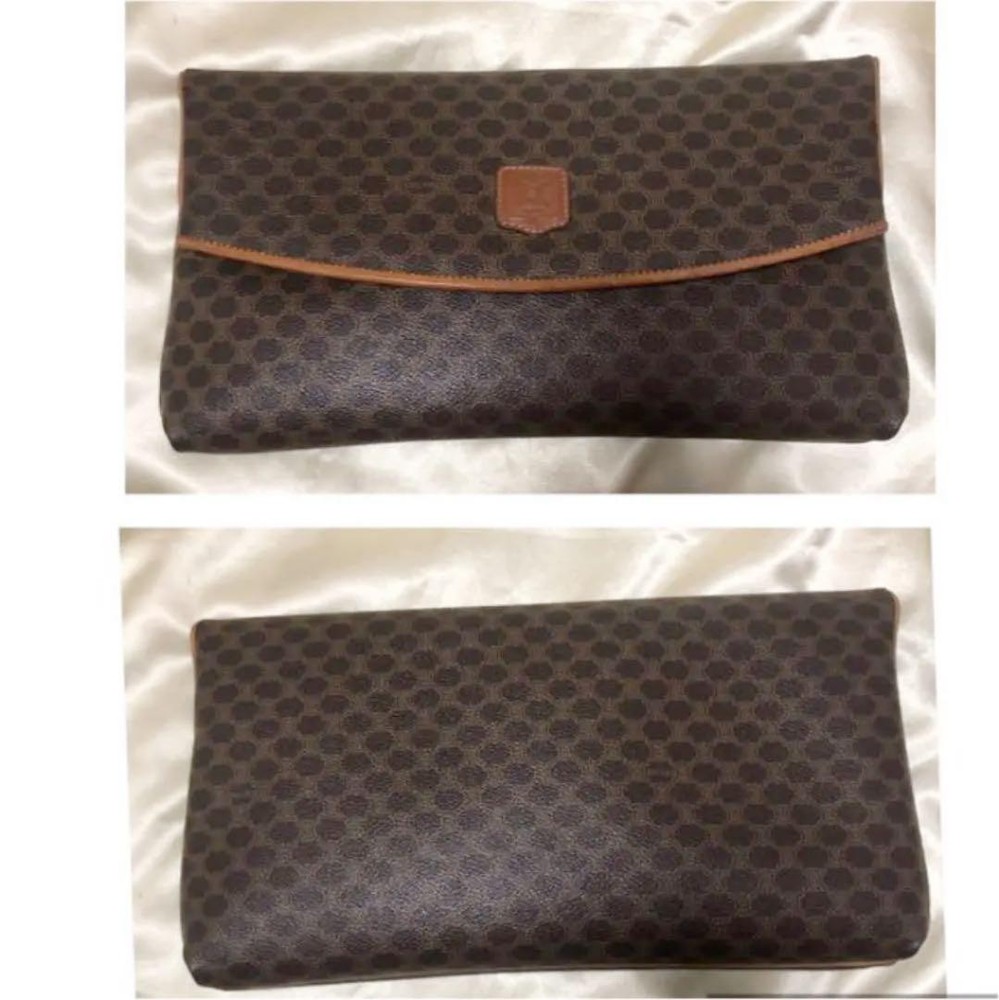 CELINE Old Macadam Pattern Clutch Bag Brown Leather Vintage Authentic