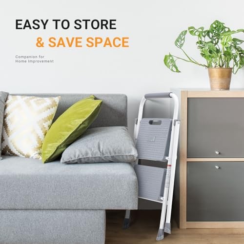2 Step Ladder Folding Stool Heavy Duty Safety Stool with Handrail Grey
