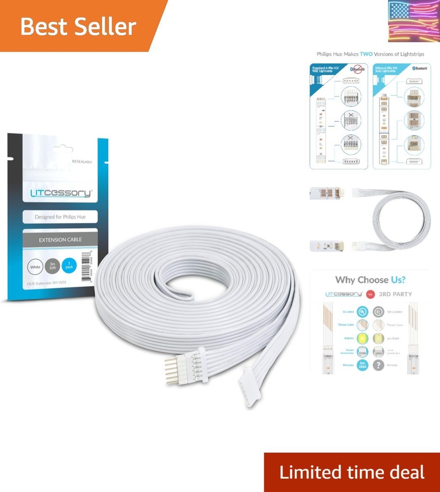 Extension Cable for Philips Hue/Solo Lightstrip 10ft, 1 Pack, White - Micro 6...