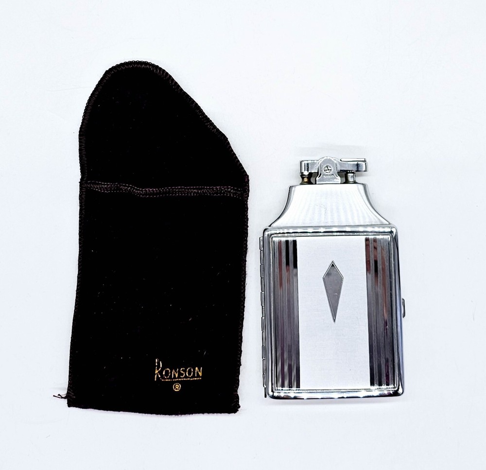 Ronson Cigarette Lighter & Case Combo w Pouch Art Deco Chrome Plated Mastercase