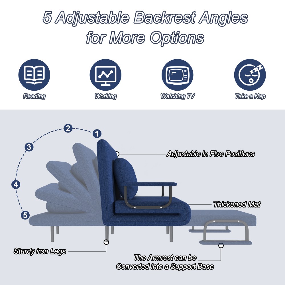 3-in-1 Folding Sofa Bed w/ Adjustable Backrest - Space-Saving Sleeper Blue