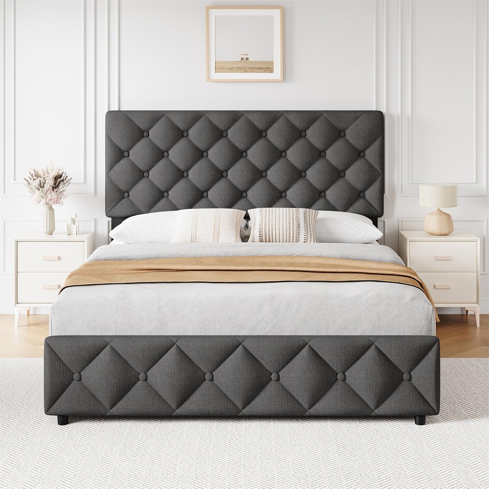 FULL Size Bed Frame with 4 Storage Drawers and Headboard Upholstered Platform