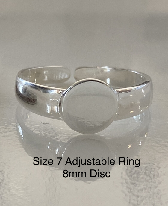 Sterling Silver 925 Size 7 Adjustable Finger Ring 8mm Disc Pad Jewelry Component