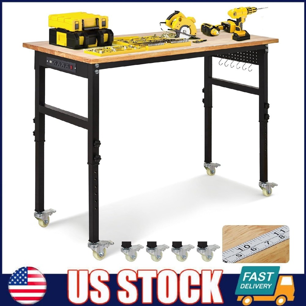 48" Adjustable Workbench 2000Lbs Load Work Bench with Pegboard & Power Outlets