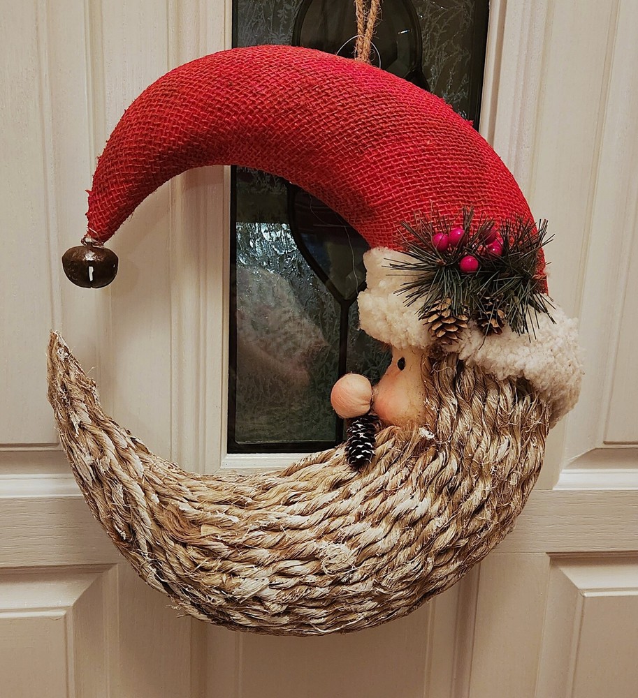 RUSTIC CRESCENT MOON HANGING SANTA w/ JINGLE BELL HAT PINECONES BURLAP & ROPE