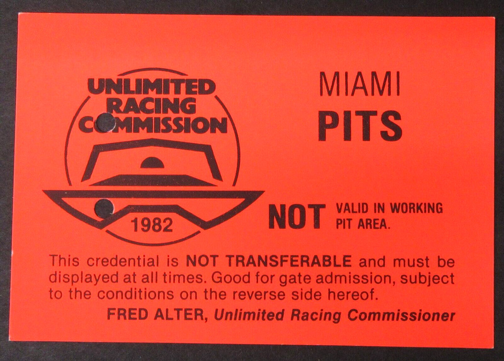 1982 MIAMI PITS PASS CREDENTIALS Hydroplane boat racing 2b