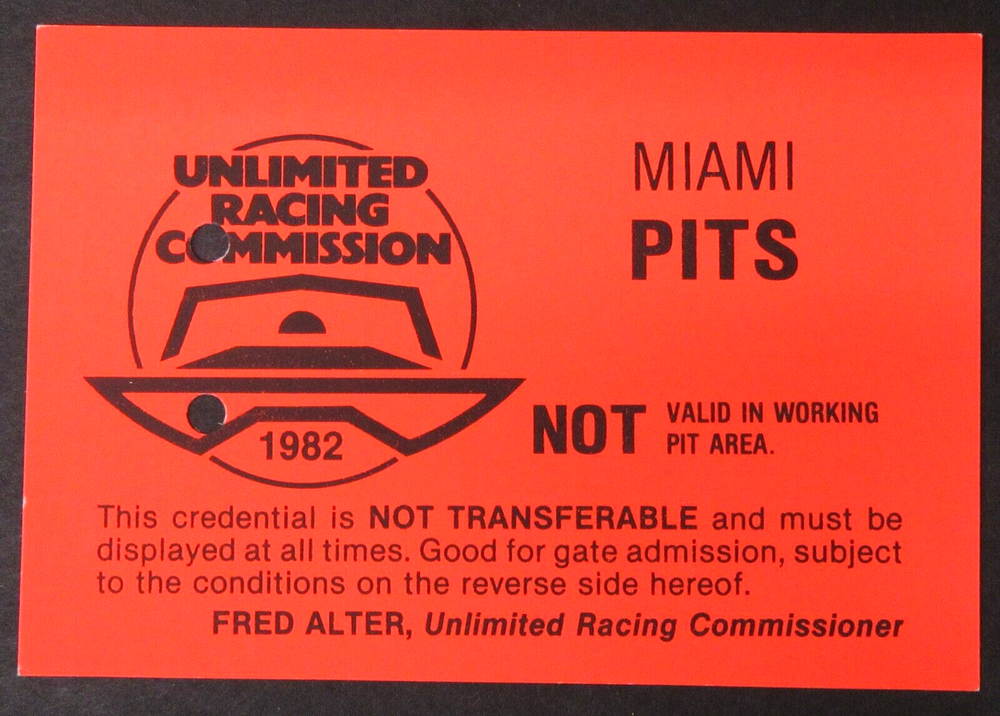 1982 MIAMI PITS PASS CREDENTIALS Hydroplane boat racing 2b