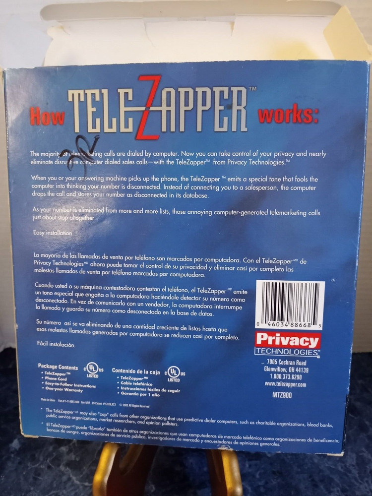 TeleZapper Telephone Telemarketers Blocker by Privacy Technologies NEW