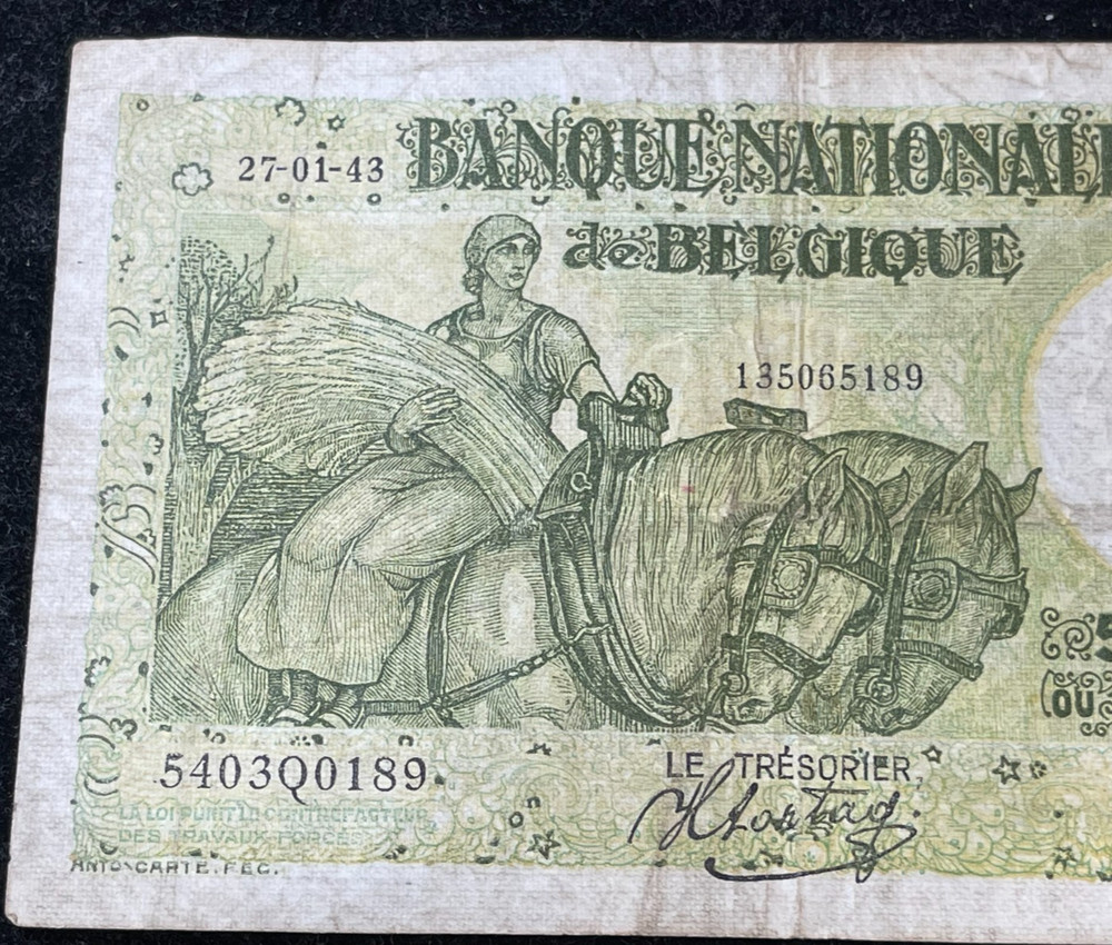 1943 Belgium 50 Francs Banknote