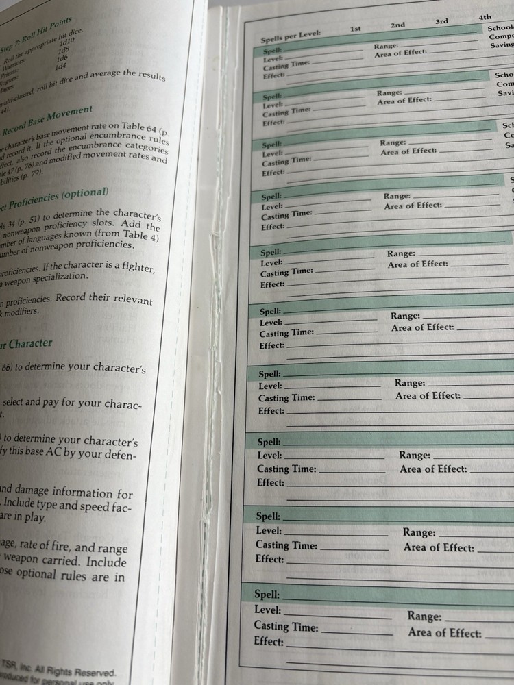 Advanced Dungeons and Dragons Character Record Sheets TSR 1989