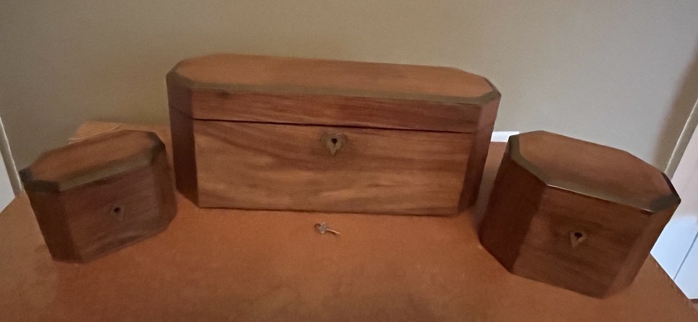 Vintage Foreside 3pc Solid Wood Locking Keepsake Boxes Brass Trim Nesting w/ Key