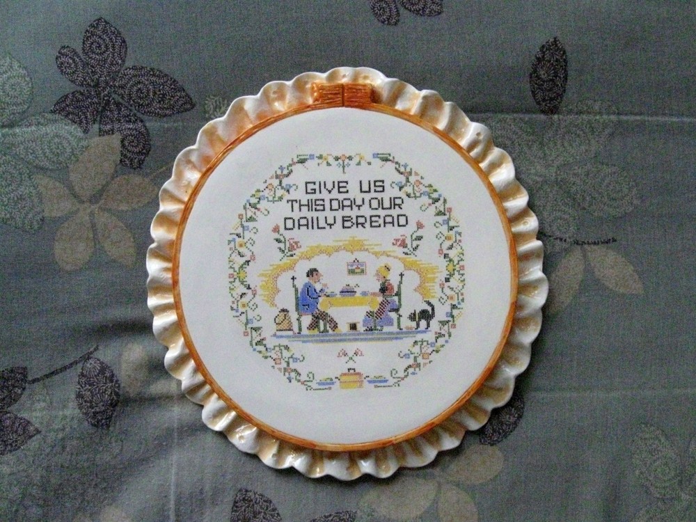 Hand-crafted Ceramic Needlepoint-look Wall Plaque - "Give Us This Day.........."