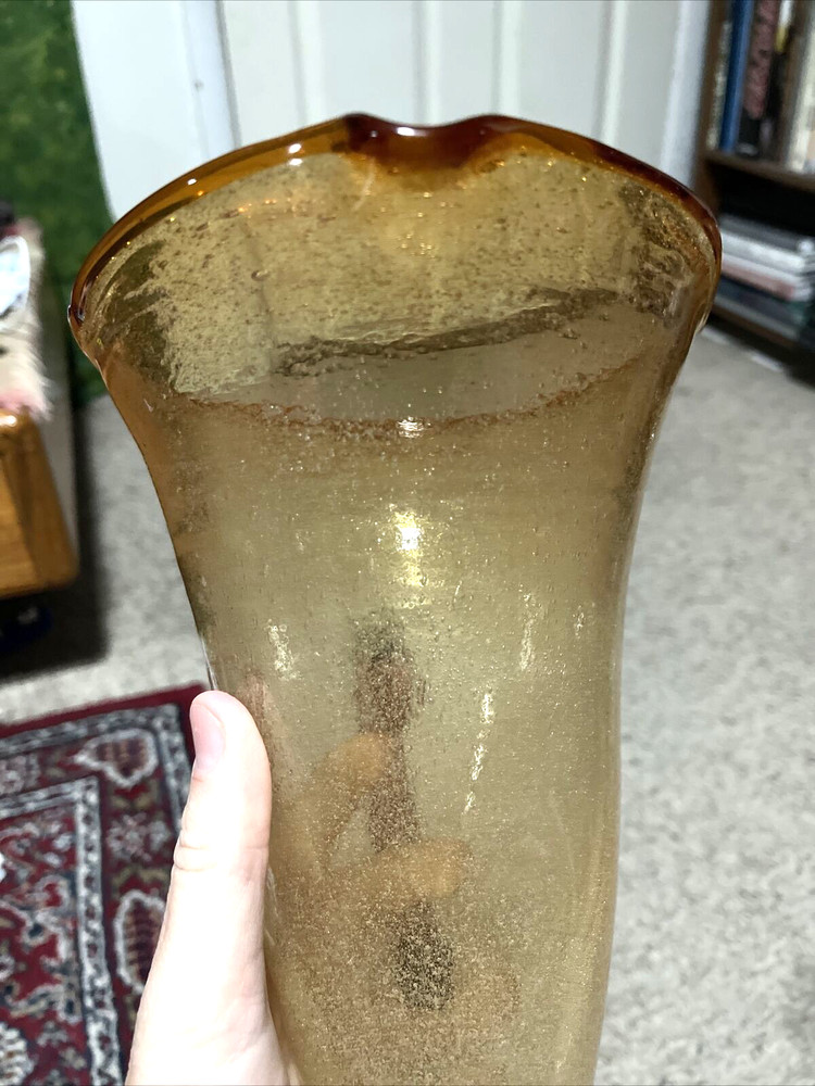 Large Hand Blown Orange/brown Glass Controlled Bubble Pitcher Applied Handle