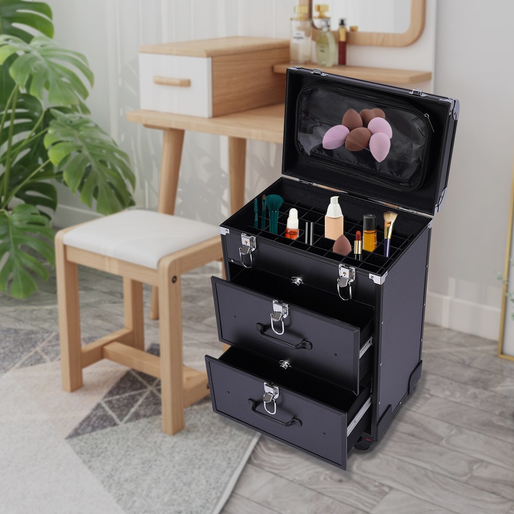 Rolling Makeup Train Case Cosmetic Professional Trolley Makeup Storage Organizer