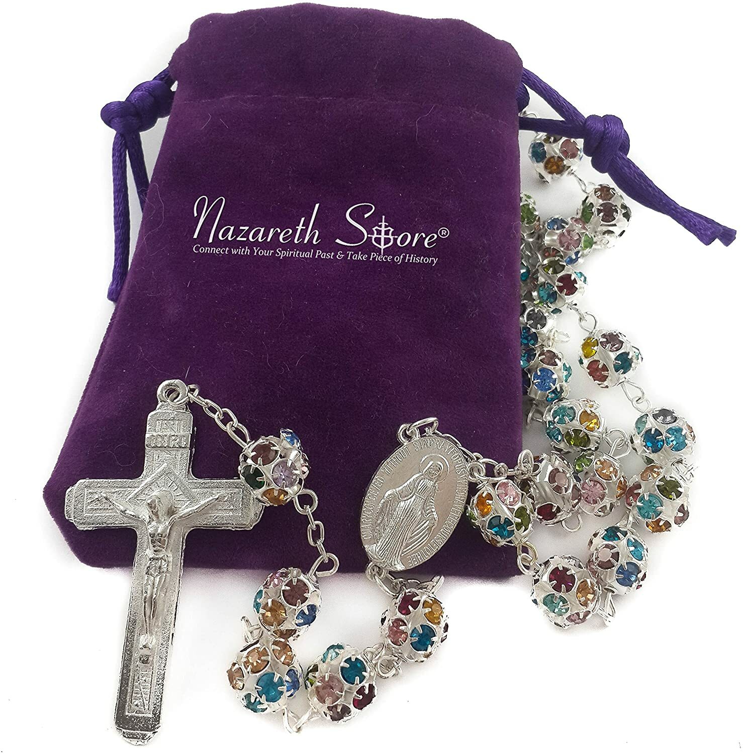 Colorful Zircon Beads Silver Rosary Catholic Necklace Miraculous Medal Cross