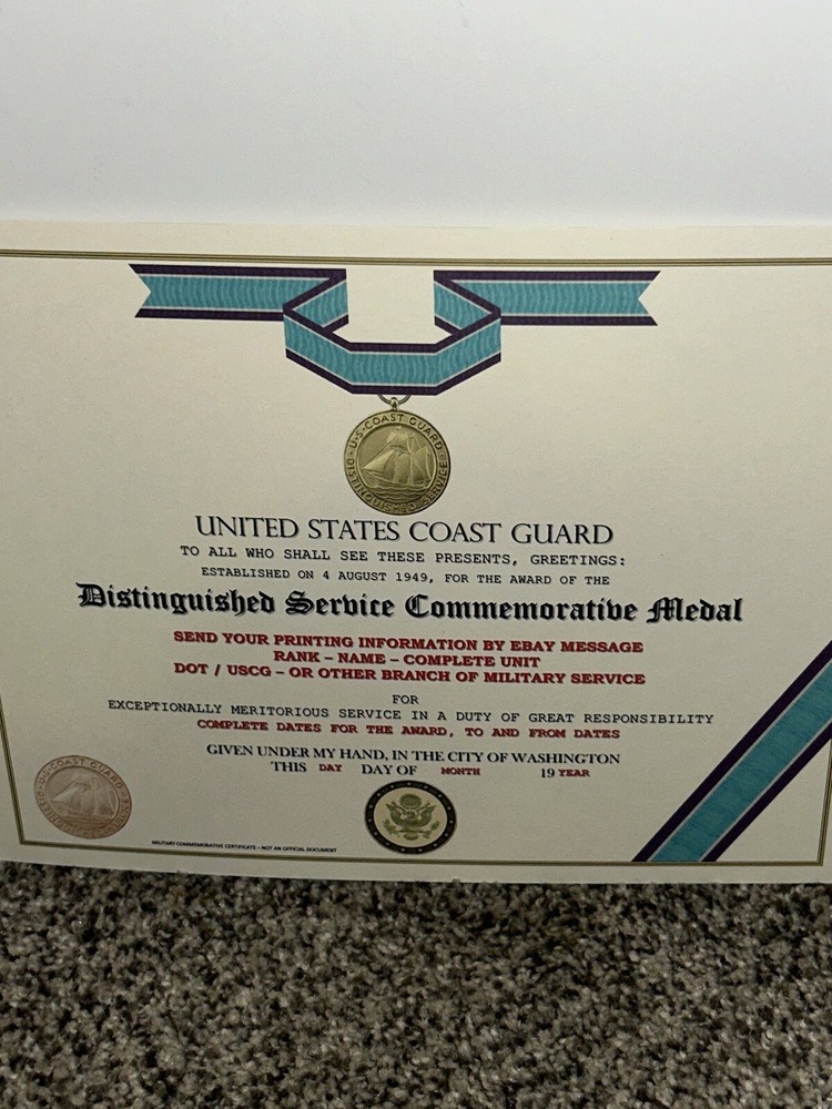 USCG DISTINGUISHED SERVICE MEDAL COMMEMORATIVE CERTIFICATE ~ TYPE-2 w/PRINTING