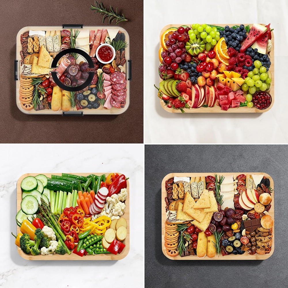 Bamboo Charcuterie Boards with Lid, Travel Portable Cheese Board & Serving Tr...
