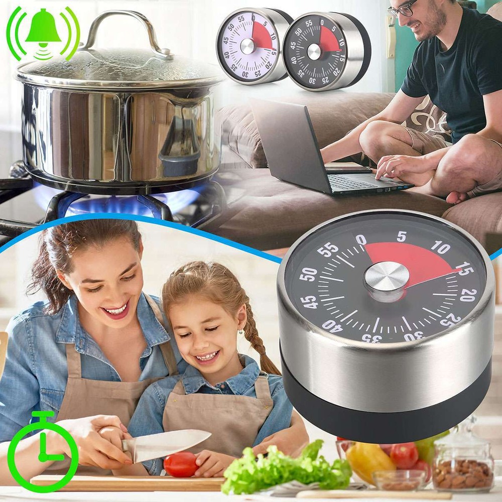 Mechanical Kitchen Timer 60min Countdown Cooking Reminder Visual Magnetic Alarm