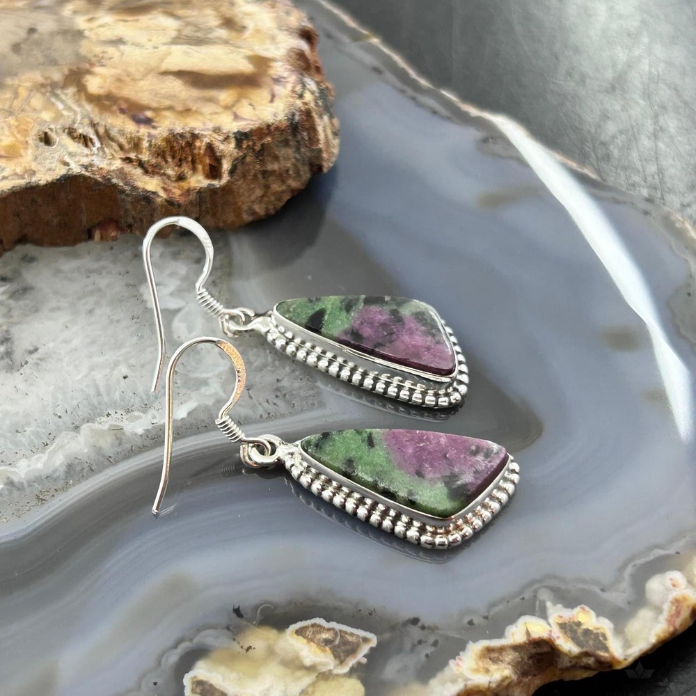Sterling Southwestern Style Triangular Ruby Zoisite Dangle Earrings For Women