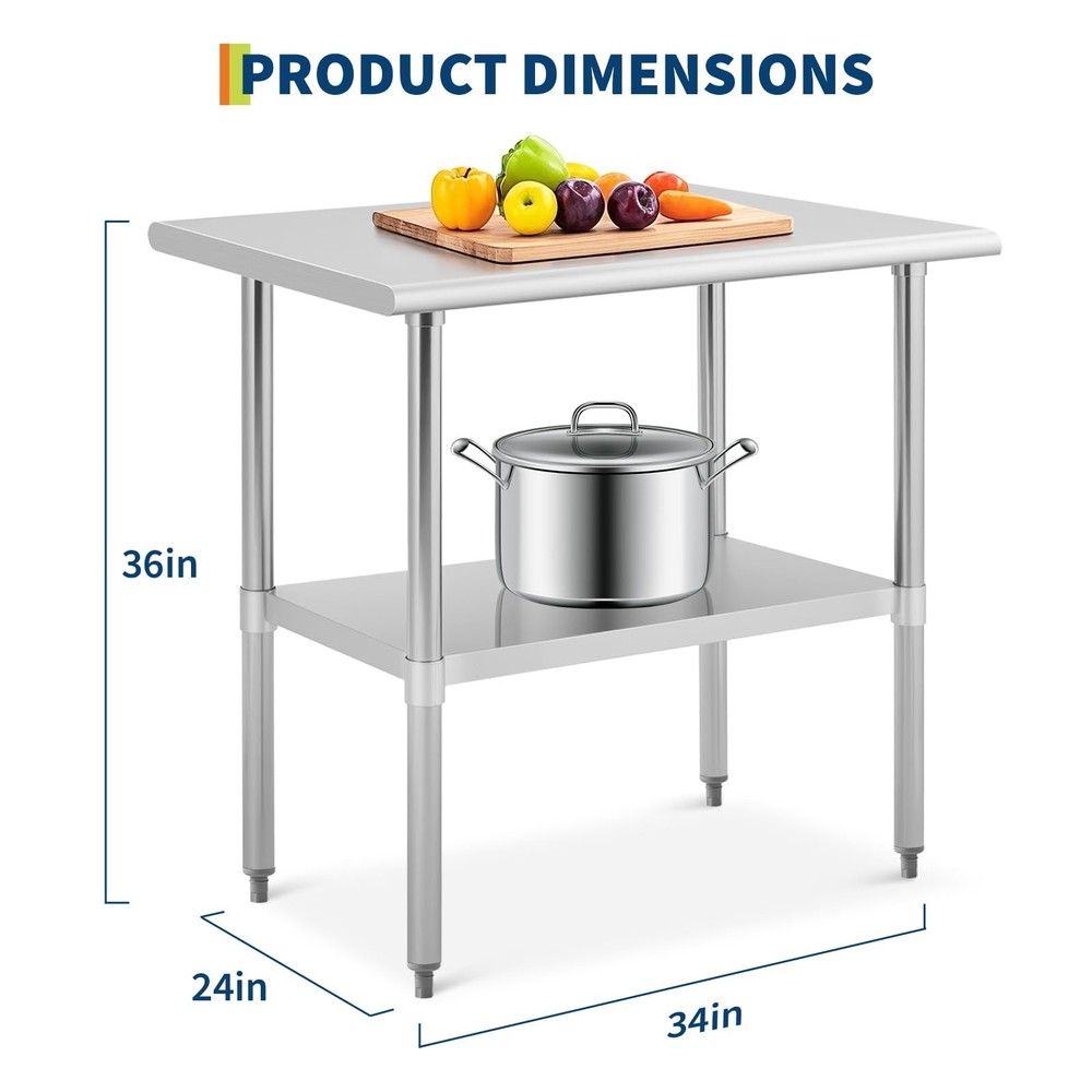 Stainless Steel Table 36x24 Inch Kitchen Prep Table with Adjustable Shelf