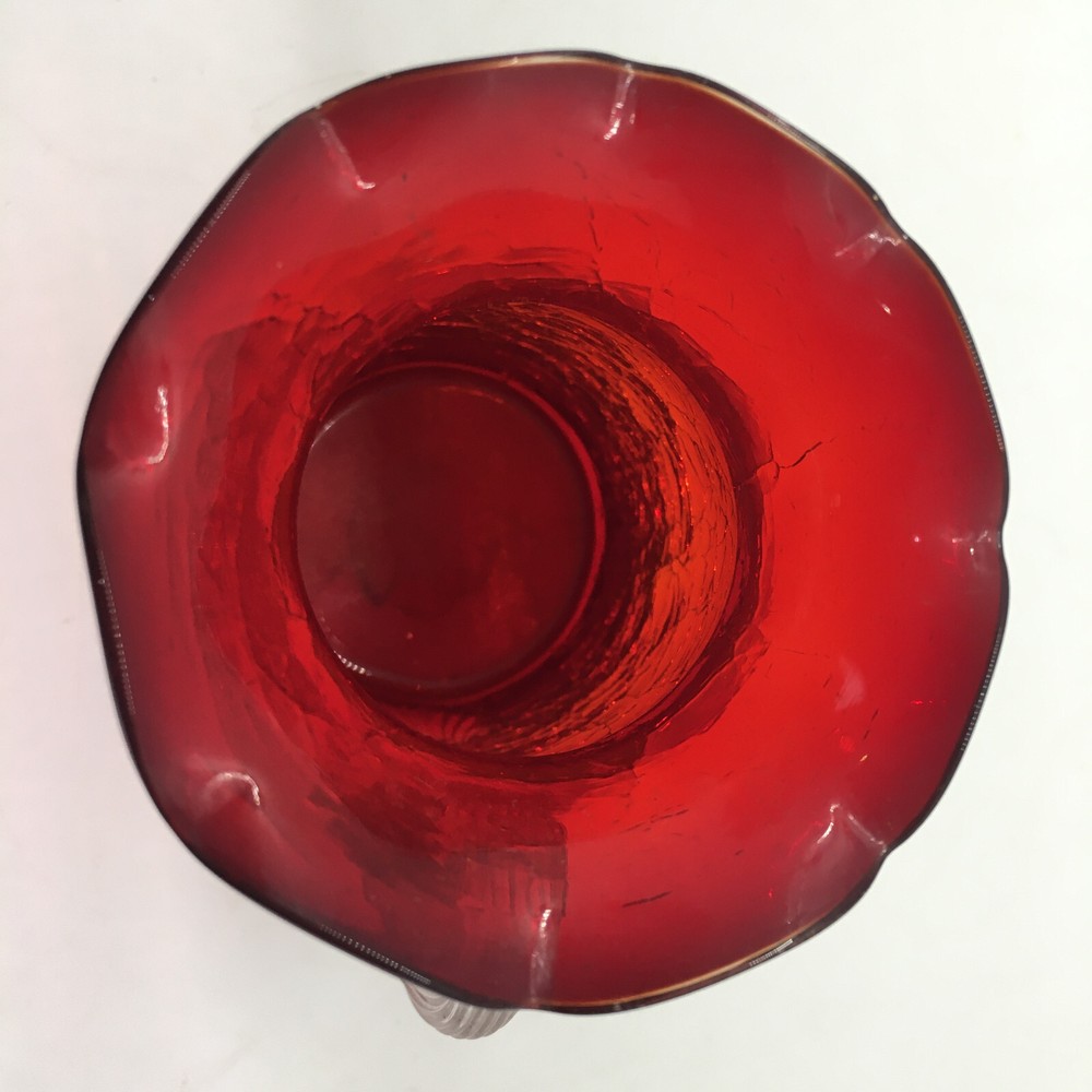 Pilgrim Small Red Crackle Glass Pitcher Clear Ribbed Applied Handle Mid Century