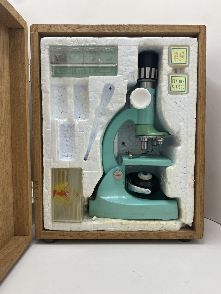 Vintage Tasco Deluxe Microscope 600x & Original Wood Box With Samples Untested