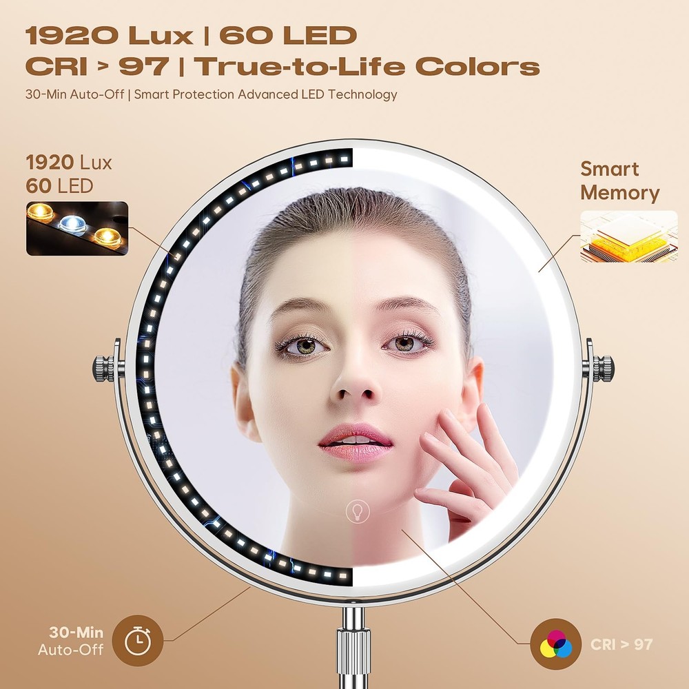 Makeup Mirror with Lights, 1x/20x 360° Rotation Vanity Mirror, Brightness Adj...