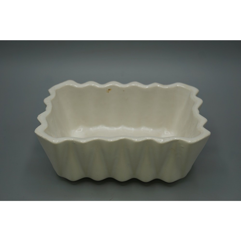 Vintage MCM White Ivory Ceramic Rectangular Ribbed Footed Planter Scallop Rim