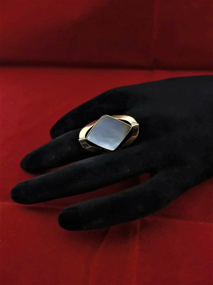 Handmade peruvian ring 950 silver double side Amazonite/White Nacre 6.5-7.5.Adj