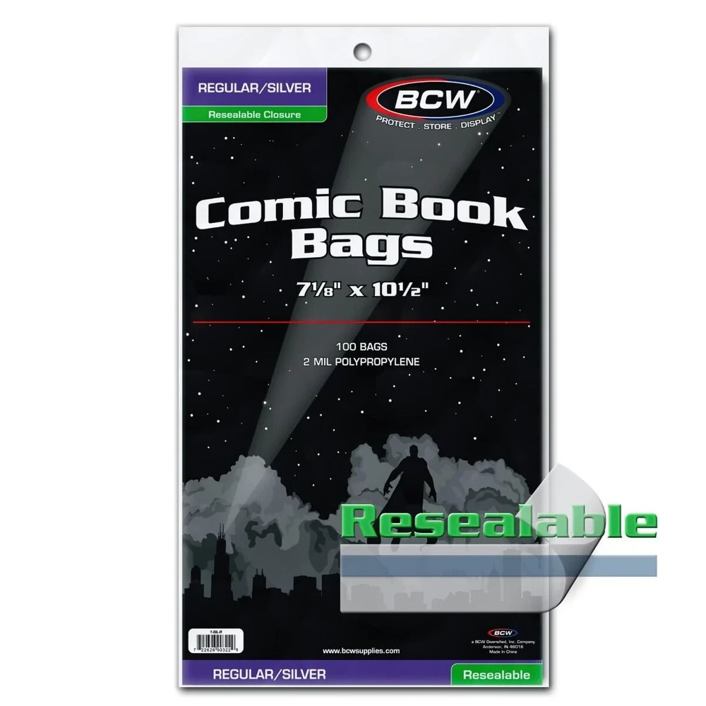 100- BCW Regular / Silver 2-Mil Polypropylene Comic Book Bags = Resealable