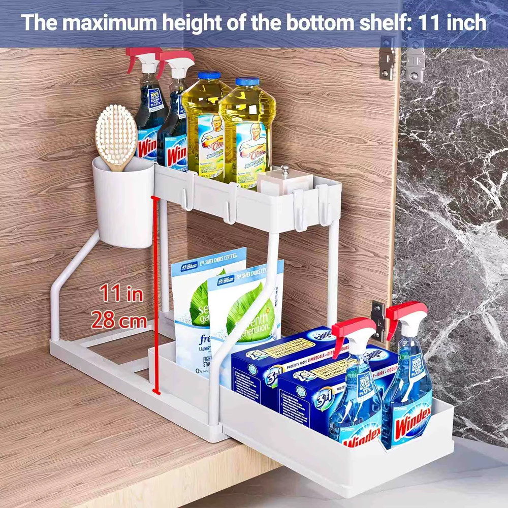 Space Saving 2 Tier under Sink Organizer,Pull Out Storage Box Durable Large Capa