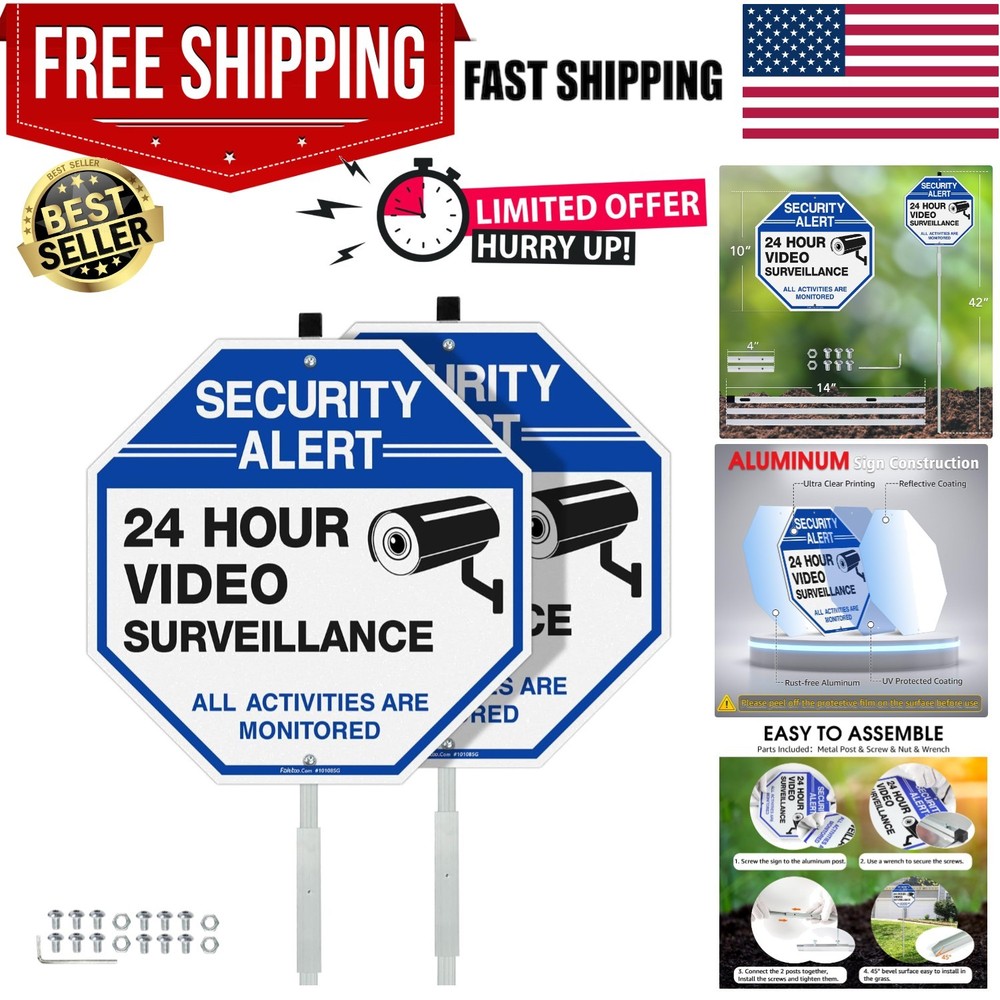 2-Pack Video Surveillance Security Sign with 42" Stake - Reflective Protection