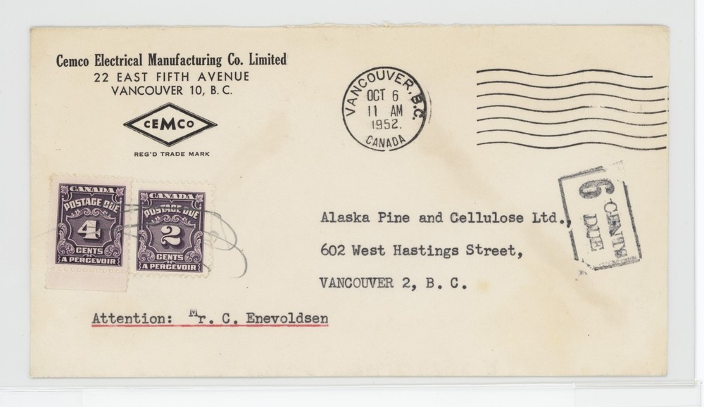 CANADA 1952 Vancouver unpaid drop letter 2c+4c POSTAGE DUES