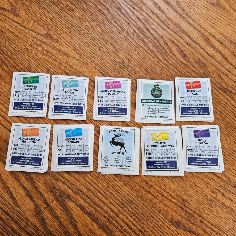 Christmas-Opoly Board Game Replacement Deed Cards - Complete