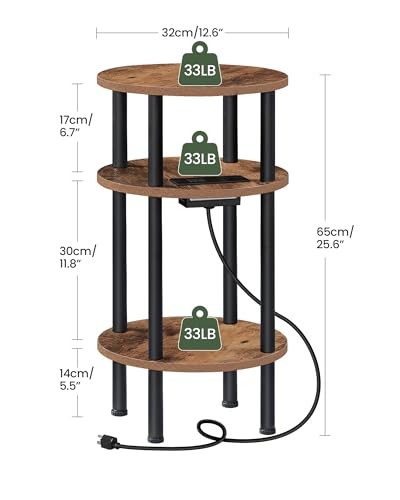 Round Side Table with Charging Station, Small Round End Rustic Brown + Black