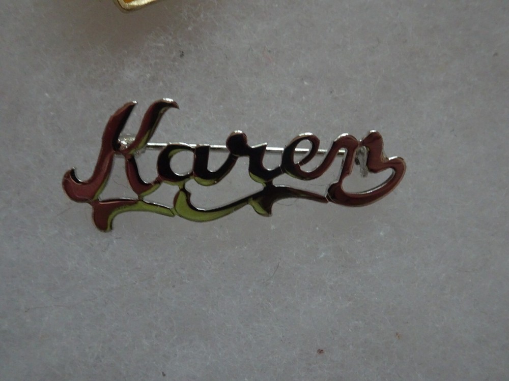 Lapel Pin Vintage Karen name tag cursive lettering silver tone