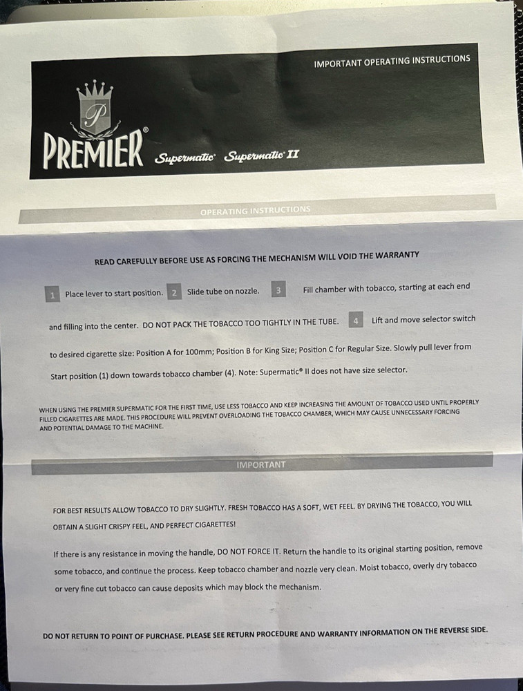 Premier Supermatic Cigarette Roller w/Orig Box & Ops Instructions Untested
