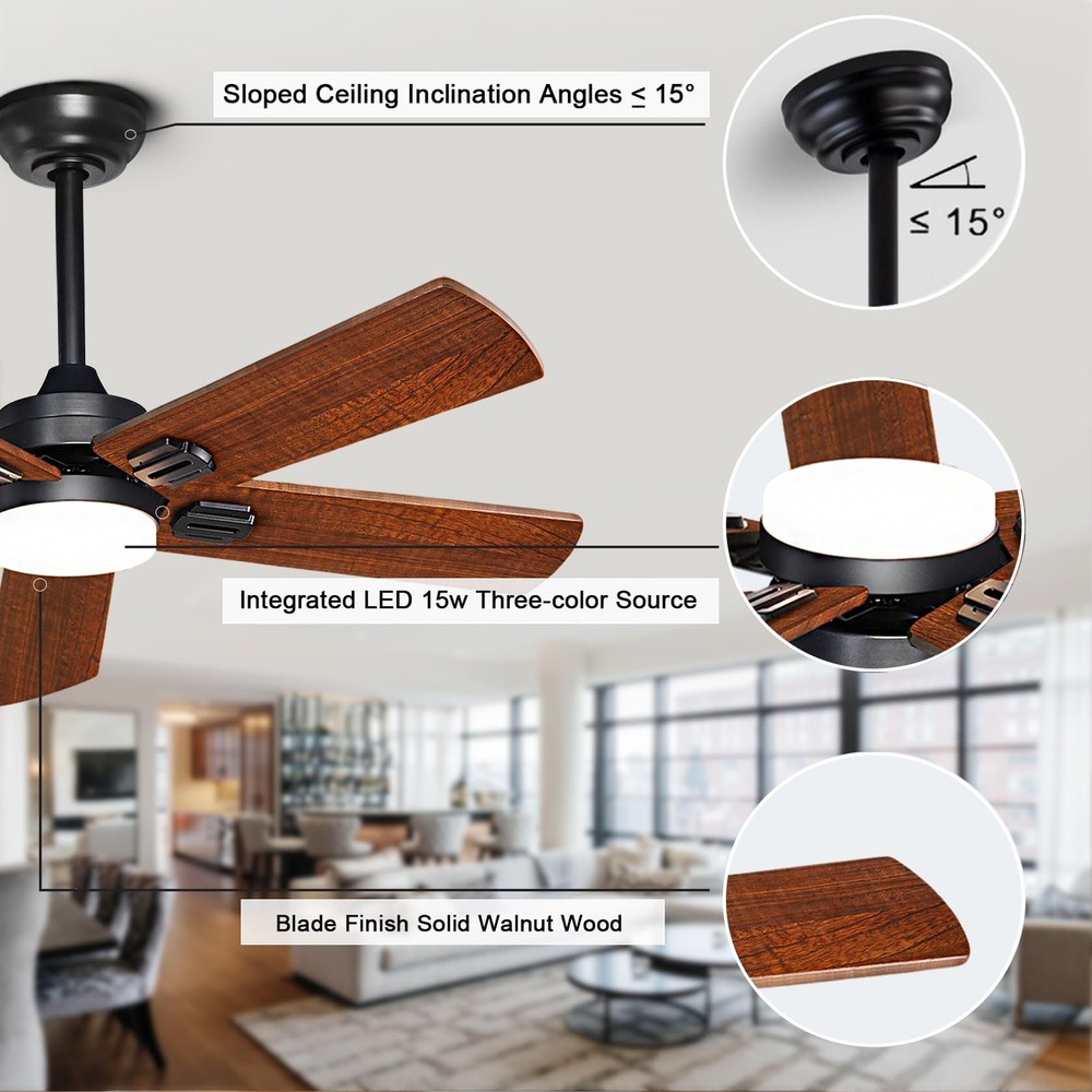 42" Lighted Ceiling Fan, Solid Wood Ceiling Fan, with Remote Control and DC M...