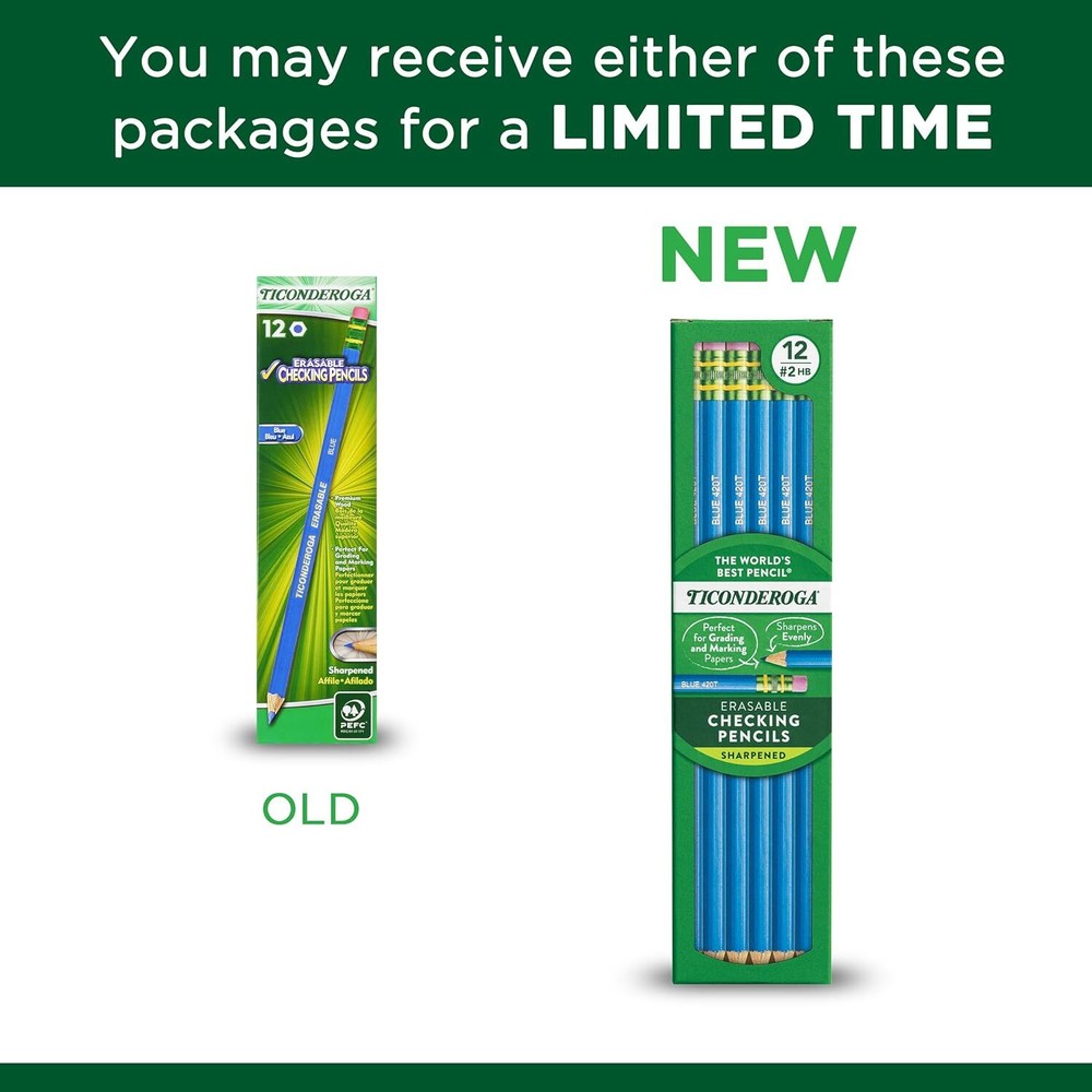 TICONDEROGA Erasable Checking Pencils, Pre-Sharpened with Eraser, Blue, Pack of