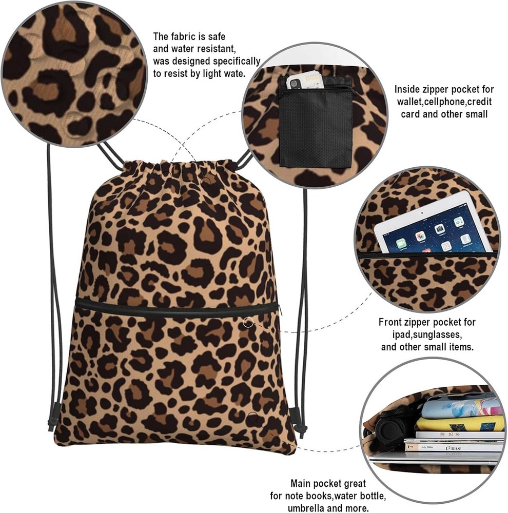 Leopard Printing Drawstring Backpack Bag Sport Gym Sackpack Print