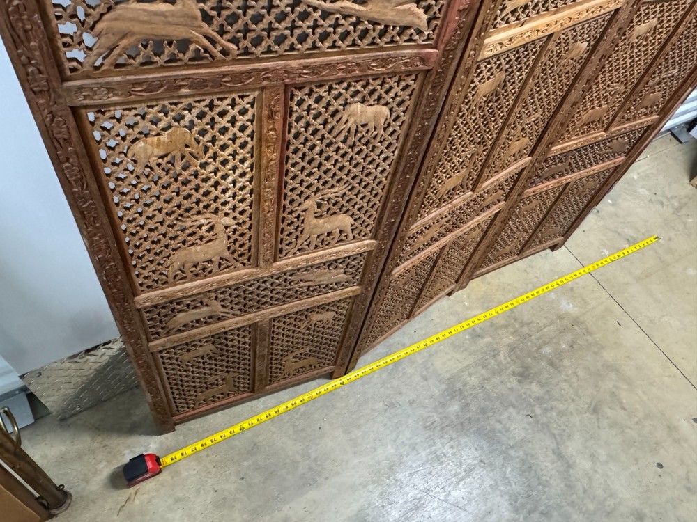 Mid-Century Carved Folding Four Panel Room Divider Screen