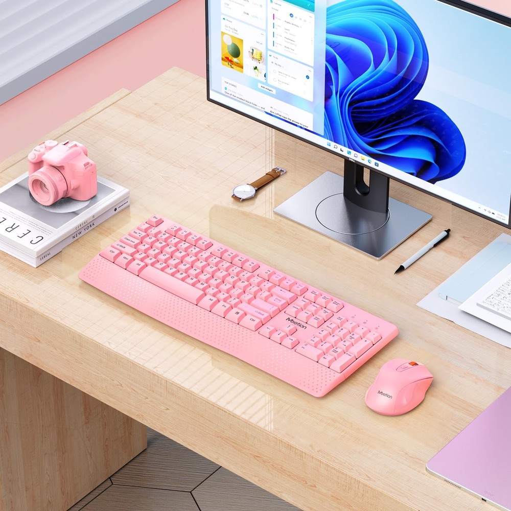 Wireless Keyboard with Wrist Rest Mouse Combo 2.4G Full-Sized Pink
