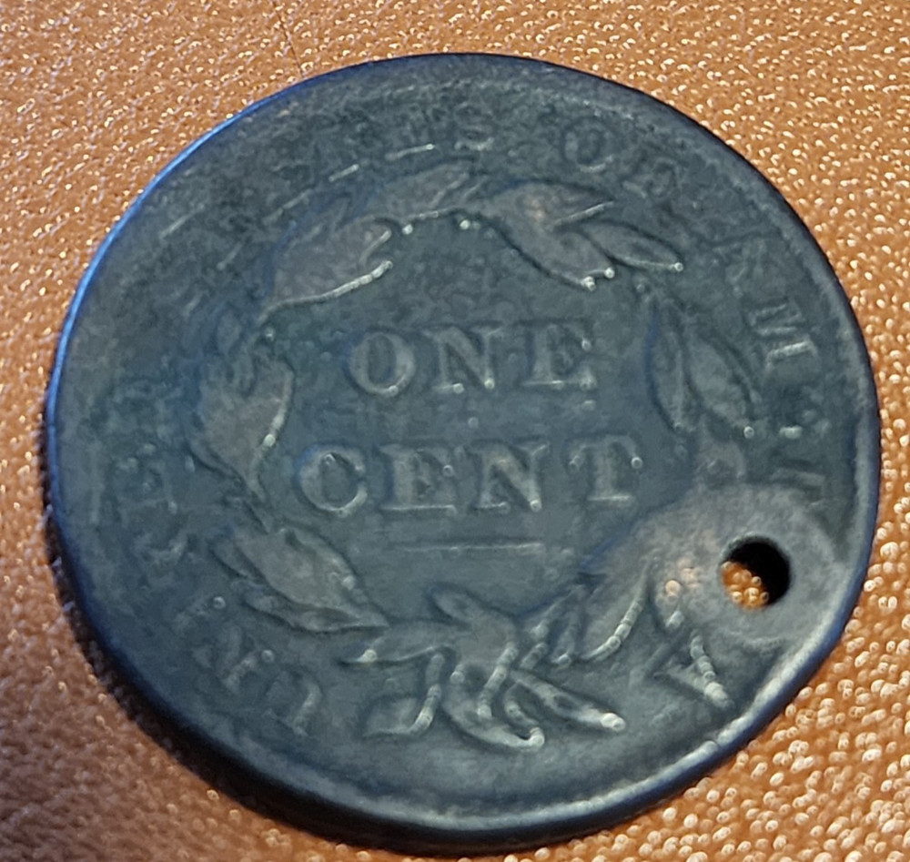 2 Coins - Both 1838 Coronet Head Large Cent Penny - Holed