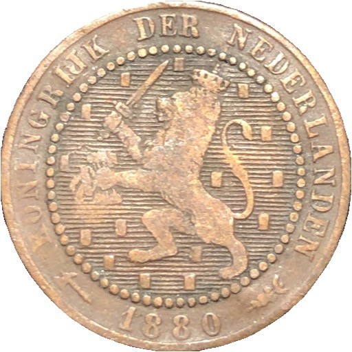 1880 Netherlands 1 Cent Bronze Coin - VF (Very Fine) condition