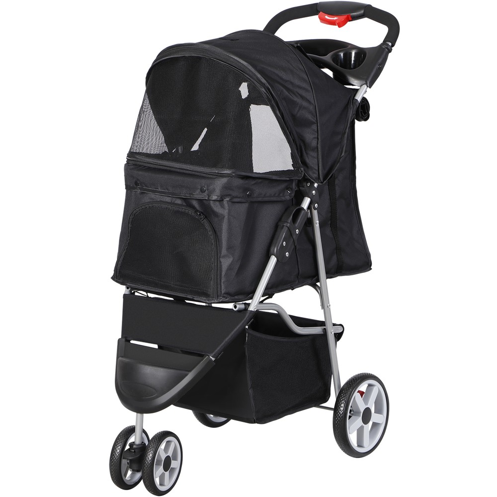 Dog Stroller 3 Wheels Foldable Pet Stroller w/Storage Basket & Cup Holder Black
