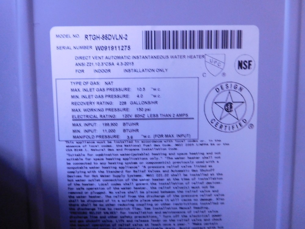 RHEEM TANKLESS WATER HEATER RTGH-95DLVN-2 BTU/HR 11,000/199,900 120V 228 GALLONS