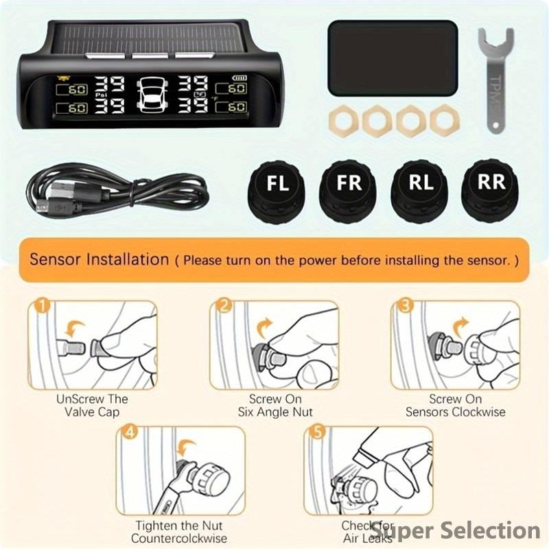 Solar TPMS 4 Sensor With Real-Time Display & Alerts For Car SUV MPV, 87PSI