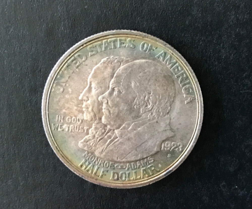 1923 S Monroe Doctrine Commemorative Half Dollar, Unc., Toned, 90% Silver